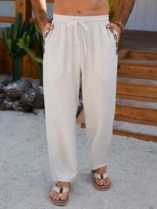 Manfinity RSRT 男士弹力腰带抽绳口袋休闲宽松裤，夏季百搭 - 卡其色 - 查看 1