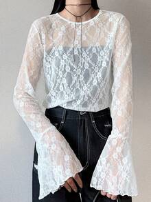 FRIFUL Áo thun nữ cổ tròn, chất liệu ren, tay loe, màu trơn, kiểu dáng thường ngày. - trắng - Xem 6