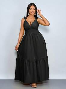 SOLERSUN 大码女式时尚纯色宽松休闲收腰交叉V领荷叶边肩带露背镂空无袖长裙。这款休闲清爽的连衣裙适合海滩度假、音乐节、返校季、浪漫约会、情人节、派对等各种场合。新款设计，完美契合下午茶、花园漫步、静谧奢华假期、海滩度假、春夏装扮、圣帕特里克节、复活节以及四叶草图案等主题。 - 黑色 - 查看 6