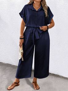 SHEIN LUNE CURVE Bộ áo liền quần nữ cỡ lớn, màu trơn, tay ngắn, cổ bẻ, thắt lưng, có túi, kiểu dáng thường ngày. - màu đen - Xem 4