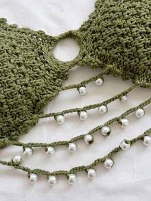 Soleia 新款春夏度假风V领无袖背心，珍珠链露背针织设计，适合海滩、波西米亚风、度假、复古、假日等场合。 - 軍綠色 - 查看 4