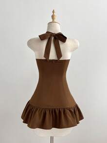 Elamini Women's Summer Beach Vacation Floral Embroidery Knot Halter Ruffle Hem Dress - Brown - View 2