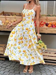 Selianne Đầm chữ A cổ vuông thắt eo họa tiết chanh thanh lịch dành cho nữ, kiểu dáng nghỉ mát, thích hợp cho mùa xuân/hè. - Nhiều màu - Xem 1