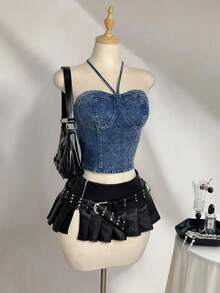 Elamini 时尚休闲系带水洗牛仔短款上衣 - 深色水洗藍 - 查看 4