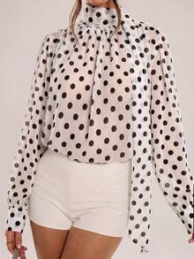 Avenya Polka Dot Chiffon Print Stand Collar Long Tie Shirt - Multicolor - View 2