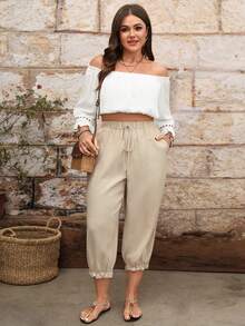 SHEIN Quần ống loe phối ren bằng vải lanh cỡ lớn dành cho nữ, thích hợp cho mùa hè. - Màu be - Xem 6