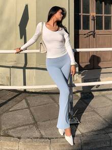 SHEIN Unity Women's Solid Color Casual Skinny Flare Pants,Versatile Daily Wear Blue Leggings,Summer Beach Holiday Outfits,Sportswear Workout Sets For Women - Baby Blue - View 7
