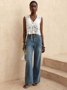 Vesra Women's Embroidered Front Tie Sleeveless Blouse - White - View 4