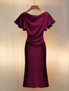 Franclia Đầm mới thanh lịch kiểu Pháp lãng mạn màu sâm panh, cổ xếp ly, eo xếp nếp, tay ngắn, đuôi cá dành cho phụ nữ. - Màu Đỏ Sâu - Xem 1