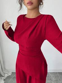 Rafferiza 2件套女士纯色褶边不对称下摆长袖套装 - 紅色 - 查看 8