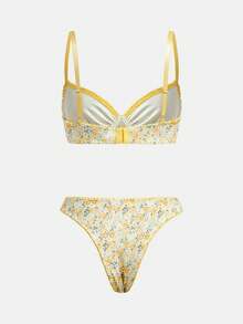 lacRébo Bộ đồ lót lưới in hoa màu vàng gồm áo ngực có gọng và quần lót cùng màu, lãng mạn, dễ thương, phong cách Pháp mùa xuân hè. - Nhiều màu - Xem 8