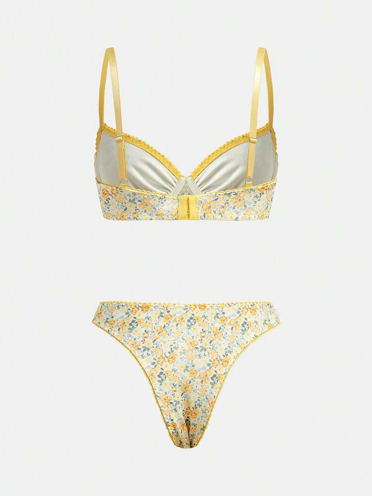 Yellow Floral Print Mesh Lingerie Set With Underwired Bra And Matching Brief Romantic Cute Spring Summer  French Style Parisian Style