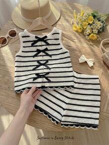 Cozy Pixies 女婴条纹撞色荷叶边无袖上衣和松紧腰短裤两件套 - 黑與白 - 查看 11