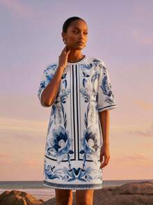 CAJUNI 阿拉伯风格花卉印花T恤连衣裙。 - 藍色 - 查看 6