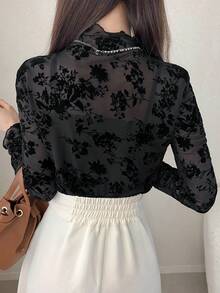 FRIFUL 女士优雅花卉植绒网纱修身衬衫 - 黑色 - 查看 2