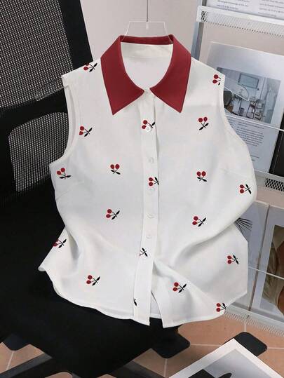 Resyla Women's Sleeveless Blouse, Summer New Design, White & Red Contrast Color, Fruit Cherry Print, Fashion Versatile, Casual Chic, Back To School, Teacher's Day, Ladies Shirt
