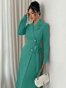 Elenzga Ladies Weave Elegant Autumn Long Dresses For Vacation - Teal Blue - View 6