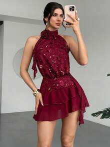 Rafferiza Women's Burgundy Summer 70s Party Night Out Dress, Wine Red Sequined Halter Neck Backless Mini Dress, Sleeveless A-Line Nightclub Reception Outfit - Red - View 5