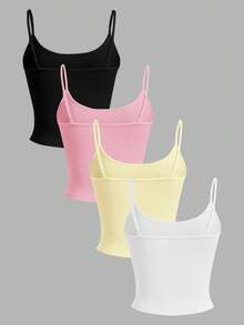 SHEIN EZwear 4件套女士黑色、粉色、黄色、白色短款休闲吊带背心，适合夏季穿着 - 彩色 - 查看 2