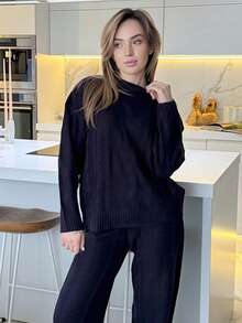 Katetique 女式海军蓝圆领长袖休闲毛衣上衣和裤子两件套，冬季服装 - 藏蓝色 - 查看 5