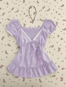 Elamini 女士提花深V领A字荷叶边常规款衬衫 - 紫色 - 查看 1