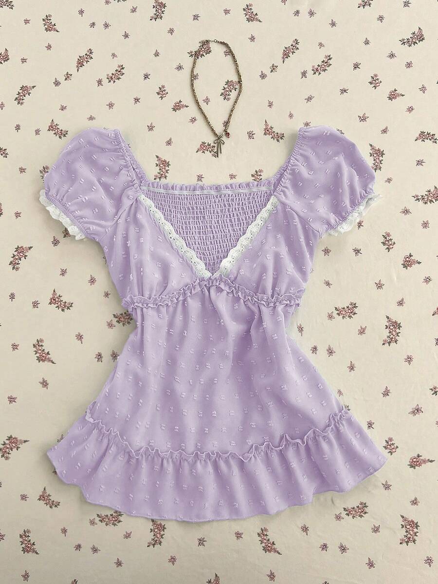 Elamini 女士提花深V领A字荷叶边常规款衬衫 - 紫色 - 查看 1