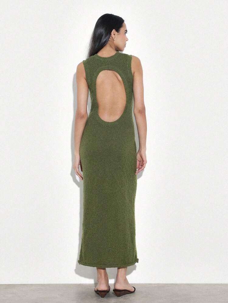 KSTM Women's Olive Green Sleeveless Maxi Sweater Dress With Dramatic Open Back Cutout Fall Winter Bodycon Evening