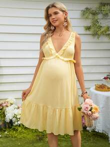 SHEIN 纯色V领荷叶边系带休闲孕妇连衣裙 - 黃色 - 查看 5