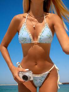 Swim Mod 女士夏季沙滩度假露背印花荷叶边三角侧系带比基尼泳裤 - 彩色 - 查看 4