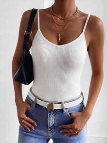 DAZY Women's Summer V-Neck Textured Fabric Fitted Camisole, Casual & Sexy - White - View 5