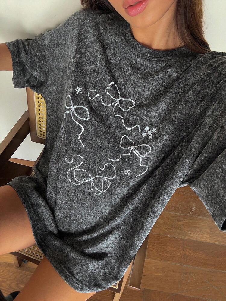 Women's Summer Round Neck Short Sleeve Bow Print Distressed Fabric Loose Casual Pullover T-Shirt Graphic Tees Women