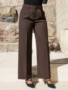 Yess Loren 直筒宽松腰西装裤，都市时尚通勤风格 - 咖啡棕 - 查看 5