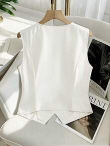 Franclia Chaleco sin mangas con adorno de perlas, con un solo hilera de botones de perlas. Chaleco elegante y ajustado, versátil para uso casual y de oficina. - Blanco - Ver 2