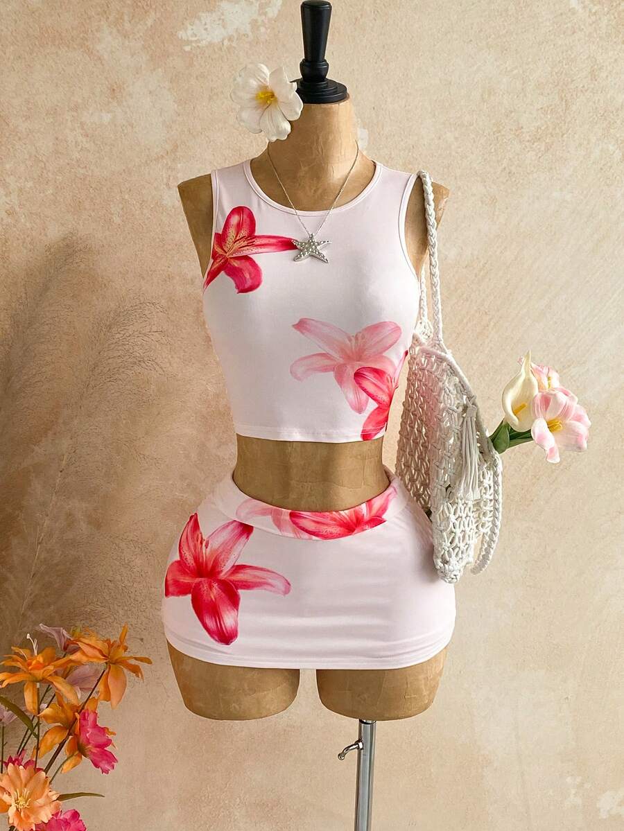 Soleia 2 piezas Conjunto de mujer con estampado floral sin mangas, casual y cómodo para el verano, versátil - Multicolor - Ver 1