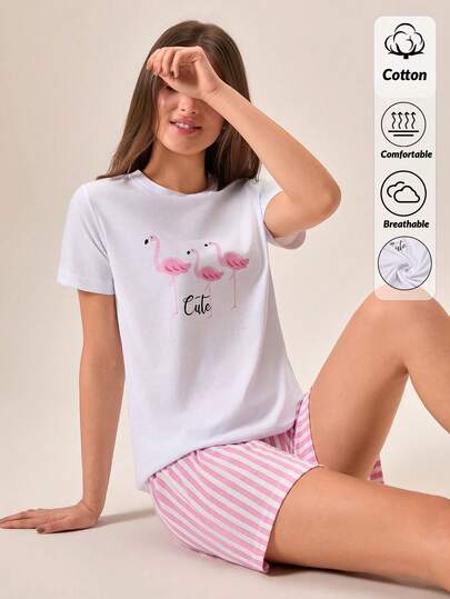Loomlin Cotton Line Women Cute Flamingo Pattern Short Sleeve Round Neck Top& Striped Shorts Casual 2Pcs Pajama Set