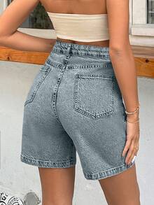 EURMUSE 100%Cotton Rigid Medium Wash Women Short - Dusty Blue - View 2