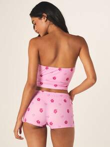 MISSGUIDED Women Floral Heart Print Bandeau Crop Top And Matching Hot Pants Pajama Set Sleepwear Nightwear Co Ord Summer Loungewear - Multicolor - View 2