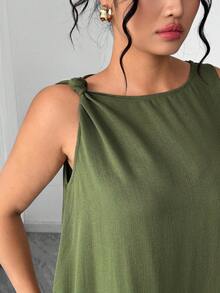 Elenzga 大码女式格子亚麻混纺露肩扭结H字宽松长款连衣裙，带口袋，军绿色，优雅法式浪漫复古办公通勤商务休闲海滩度假街头风简约百搭连衣裙，春夏新款 - 軍綠色 - 查看 4