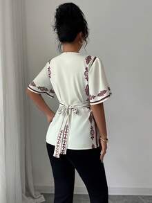 Rafferiza Áo kiểu nữ cổ chữ V in hoa tay bồng thời trang, mùa hè - Màu be - Xem 2
