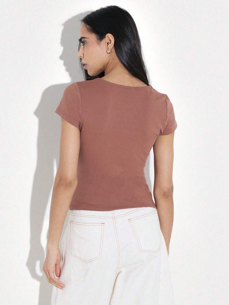 KSTM Women's Square Neck Short Sleeve Fitted T-Shirt Stretchy Ribbed Casual Top Classic Spring Summer Wardrobe Essential Comfortable Everyday Wear Staple Tee