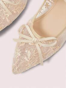 CUCCOO DOLLMOD 女士杏色网纱花朵刺绣时尚双蝴蝶结可爱优雅玛丽珍平底鞋 - 杏色 - 查看 8