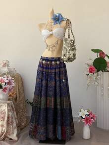 INAWLY 女士复古艺术风休闲宽松中长款喇叭裙 - 紫色 - 查看 3