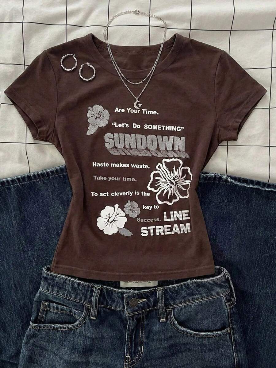 Glimmora Women's Letter & Floral Print Round Neck Short Sleeve T-Shirt - Coffee Brown - View 1