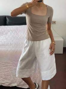 DAZY 女士夏季修身常规肩部短袖休闲T恤 - 卡其色 - 查看 5