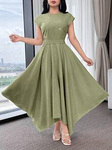 Feyla Women's Green Short Sleeve Rhinestone Decorated Long Dress - Green - View 5