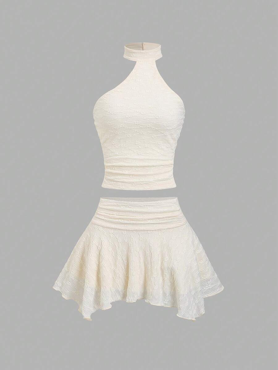 Sweetra New Bohemian Lace Summer Outfit, European And American Sexy Casual Beach Holiday Daily Fashion Asymmetric Collar Tight Crop Top And Waist Ruched Asymmetrical Hem Skirt, Apricot 2-Piece Set - Apricot - View 1