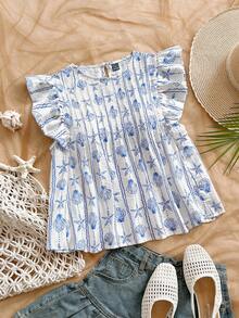 Soleia Spring/Summer New Arrival Back To School Casual Vacation Western Beach Wedding Guest Attire Graduation Brunch Women's Wear St. Patrick's Day Spring Break Easter Music Festival Elegant Boho Tropical Chic Ocean Shell Print Blue & White Ruffle Sleeve Pleated Women Blouse - Multicolor - View 1