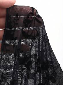 FRIFUL 女士优雅花卉植绒网纱修身衬衫 - 黑色 - 查看 7