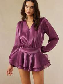 Aveloria Rosie New V-Neck Waist Design Elegant Glossy Hem Petal Sleeve Dress, Flattering Fit - Hot Pink - View 3