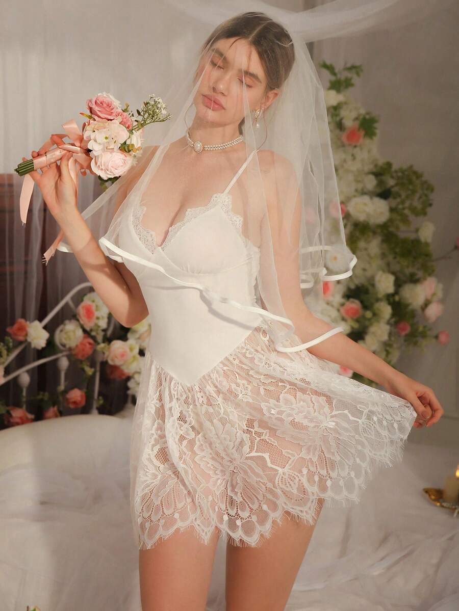 Sexy Mesh Nightgown, Elegant Lace Nightdress, French Romantic Long Nightgown For Women - White - View 1